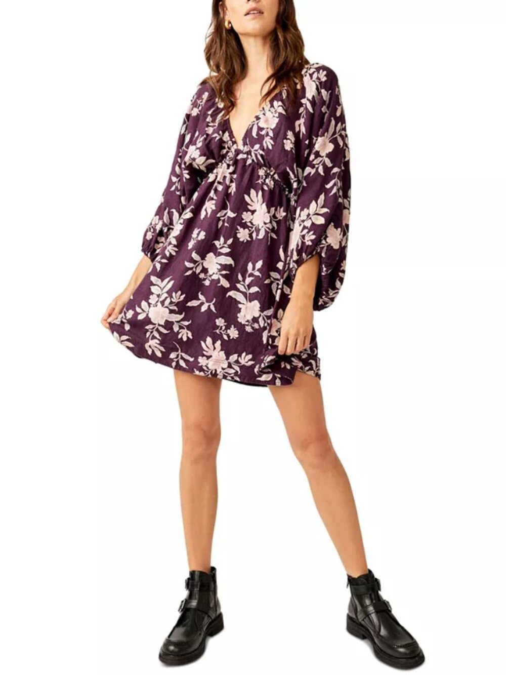 Free People Portia Printed V-Neck 3/4 Sleeve Linen Casual Everyday Mini Dress L